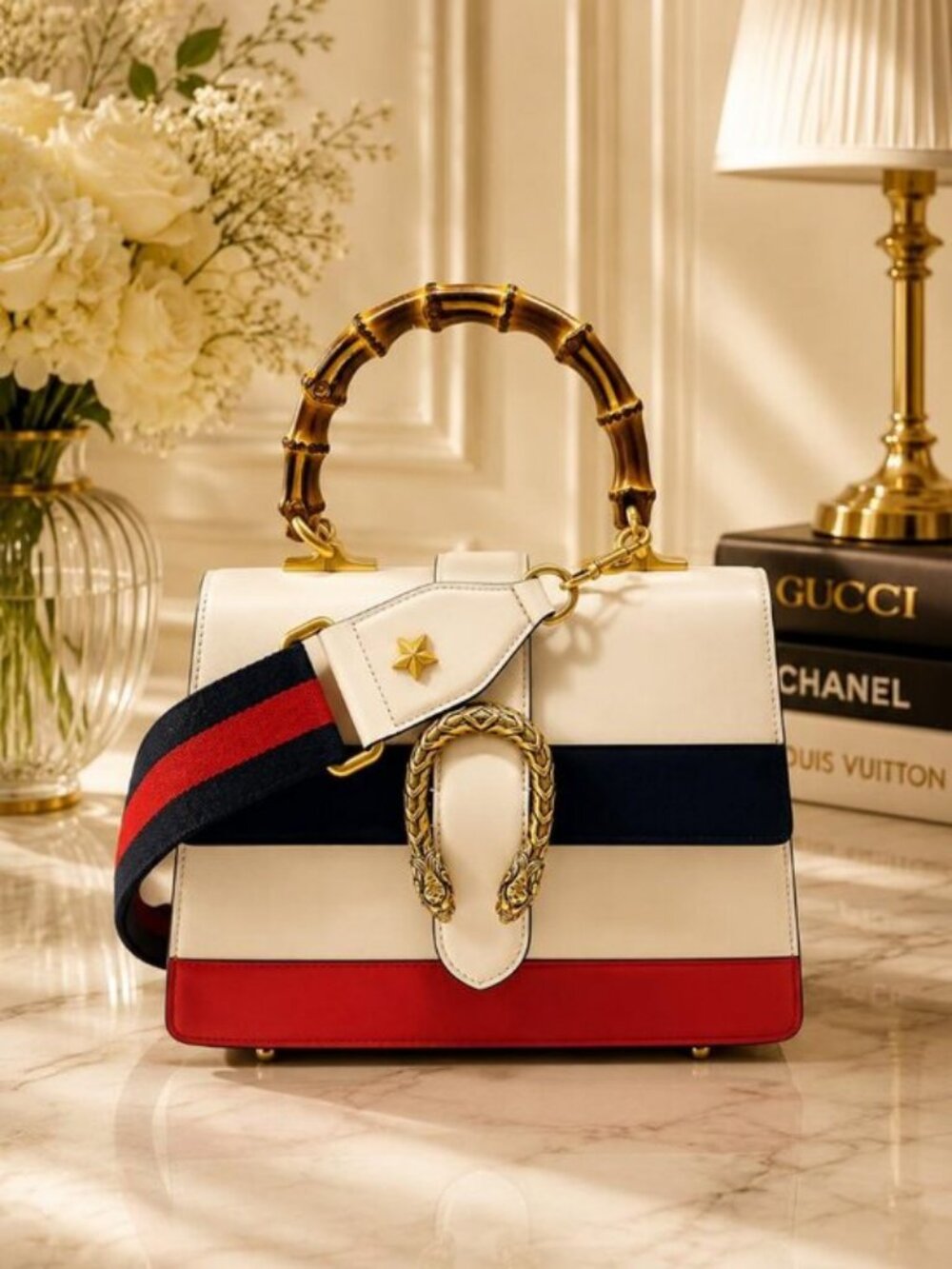 Authentic Gucci Dionysus Bamboo Top Handle Leather Bag White Red Blue Crossbody